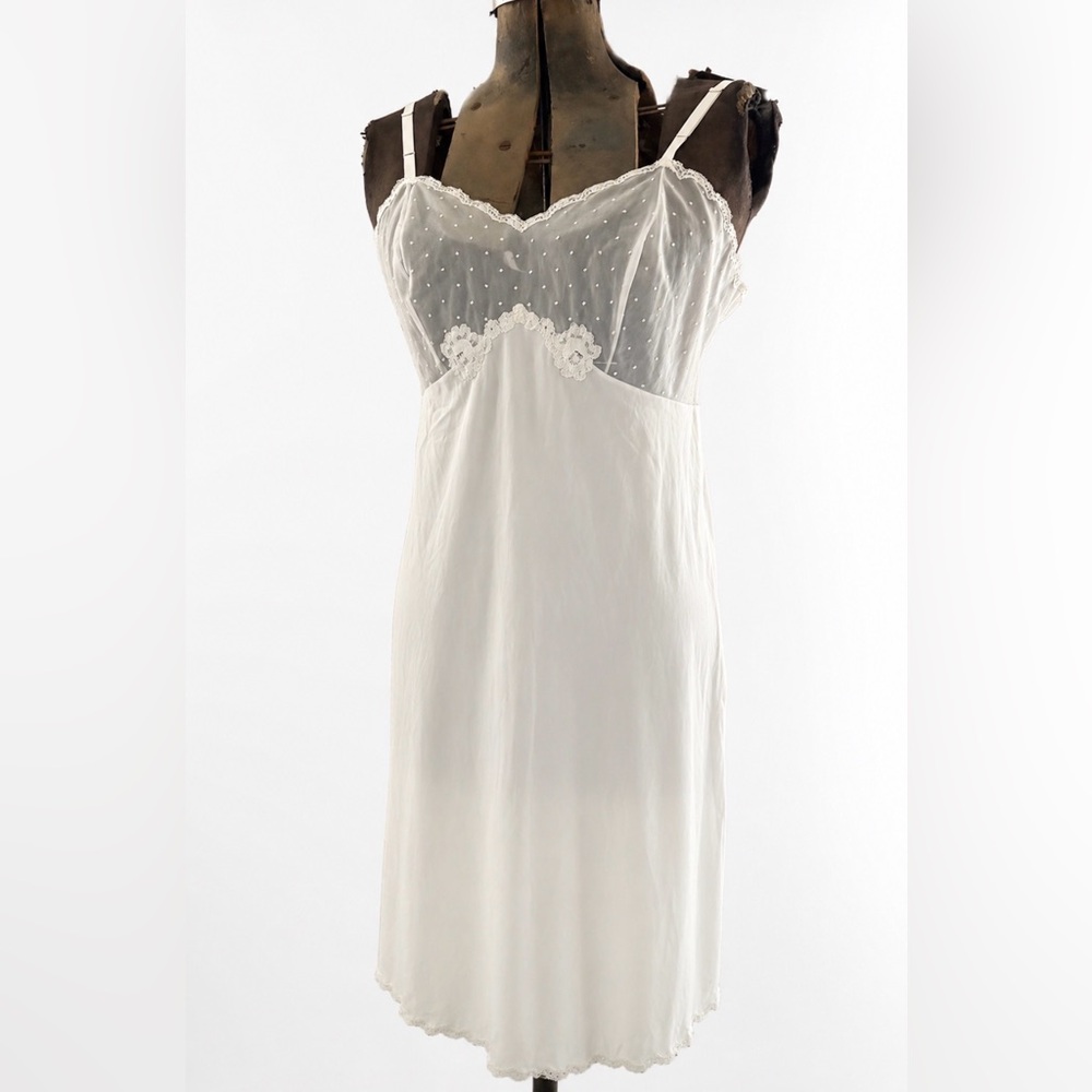 Vintage White Sheer Lace Slip Dress | Swiss Dot Nightgown Lingerie Cottagecore